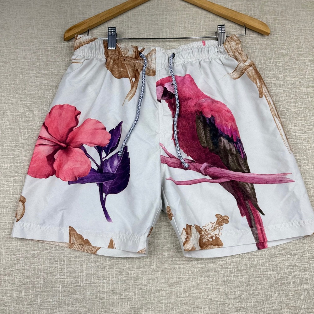 Tropical Parrot Hibiscus Print Hybrid Swim Shorts Mens Medium Pink 6in Inseam